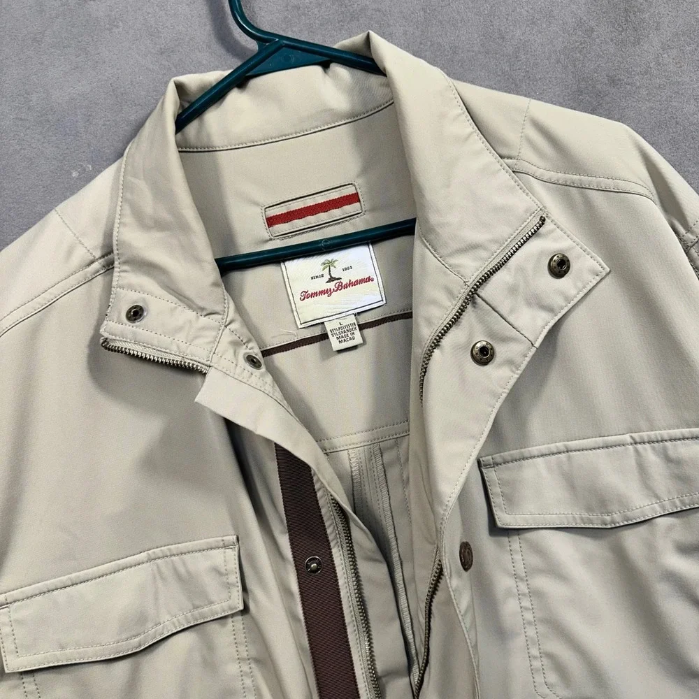 Tommy Bahama Field Jacket Mens Large Tan Utility Stretch Button Front Excellent